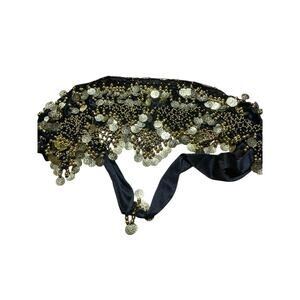 Luxurious Navy Blue/ Black Belly Dance Hip Scarf With Gold Coins And Beads